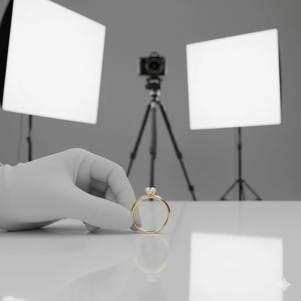 Fotografía profesional de un anillo de oro pulido - detalle macro, set de iluminación para fotografía de anillos de oro
